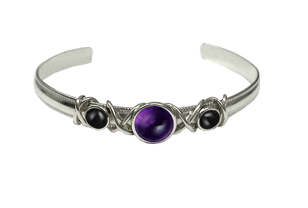 Sterling Silver Hand Made Cuff Bracelet With Amethyst And Black Onyx